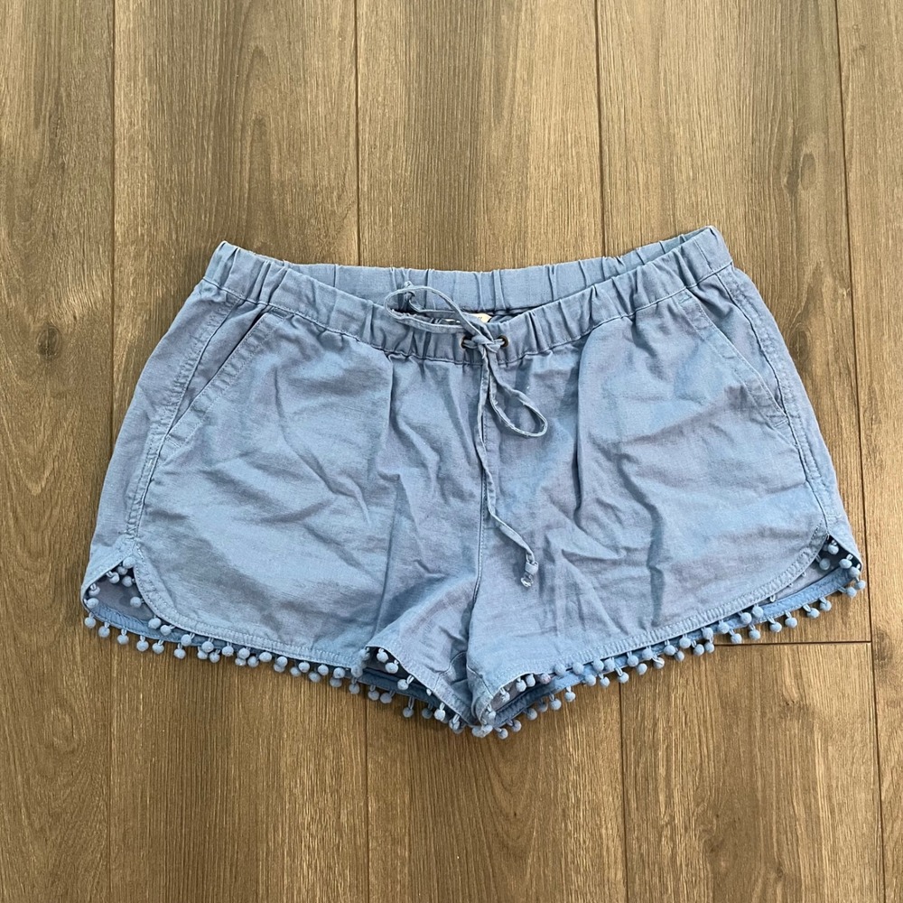 J.Crew Blue Linen Cotton Pom Pom Trim Drawstring Shorts Size M